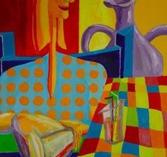Et kvindeansigt mellem en kande, et bord og en stol af billedkunstner Jørn Ritsmar.jpg