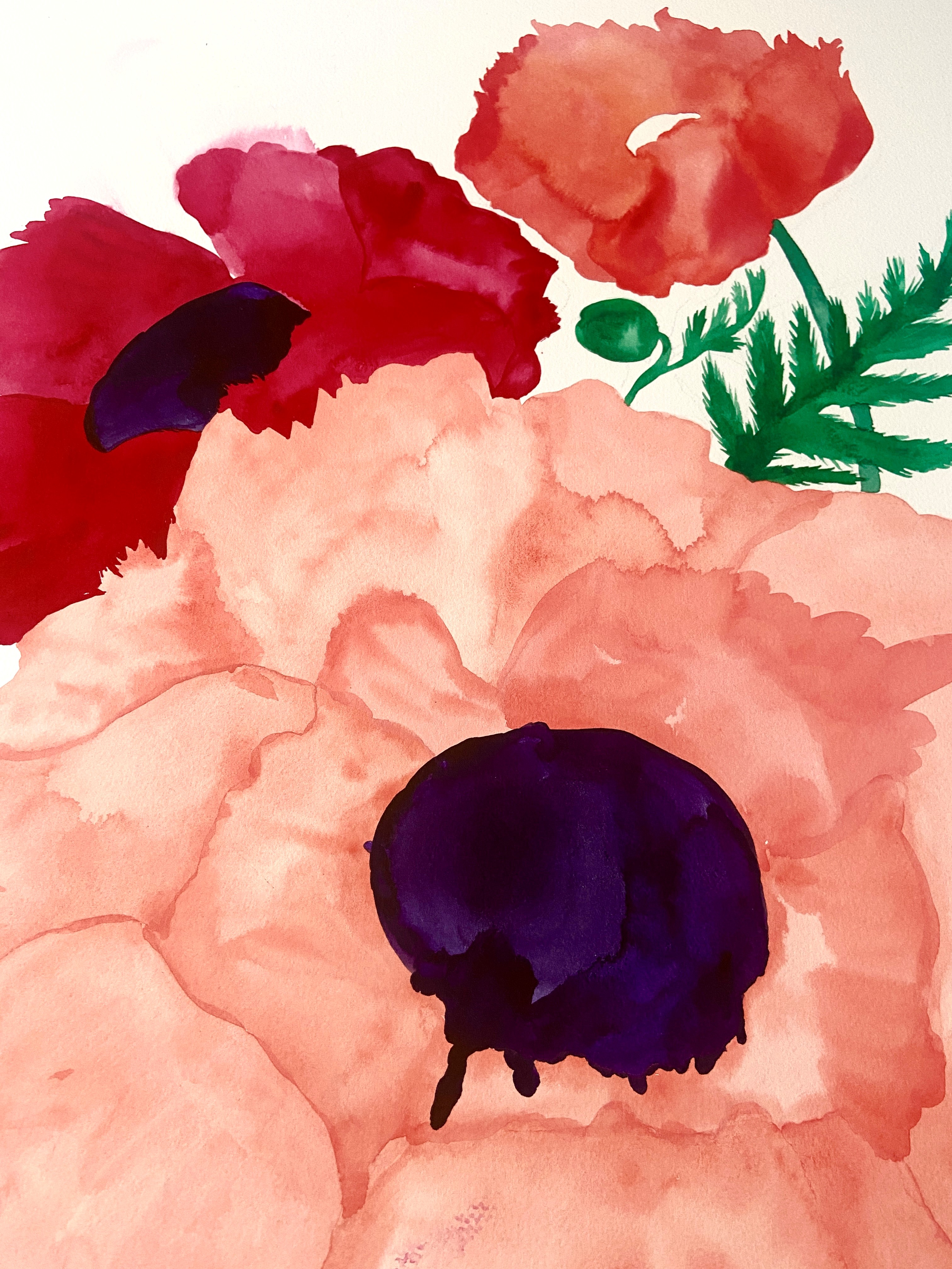 Lyserød og røde valmuer.