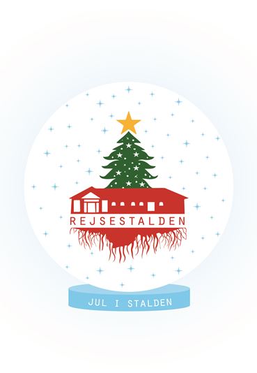 Rejsestaldens julelogo som viser et juletræ der vokser op af Rejsestaldens tag