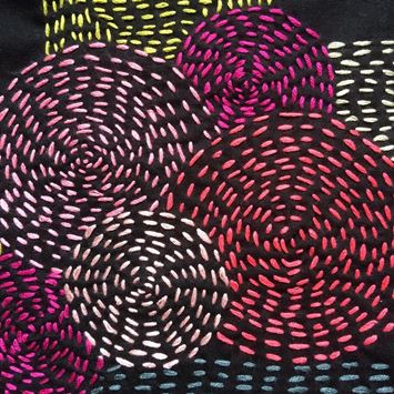 Sashiko-broderi i runde, farvede mønstre på sort baggrund