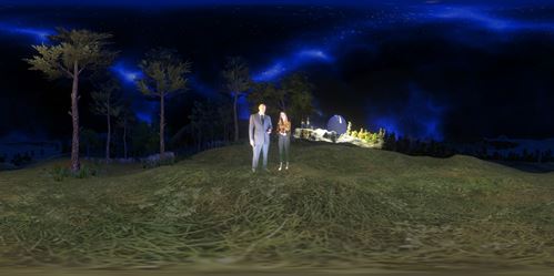 En mand og en kvinde står på en græsmark med en stor mørkeblå nattehimmel over sig og en ufo i baggrunden, visualisering af Tony Oursler og Khora Contemporary