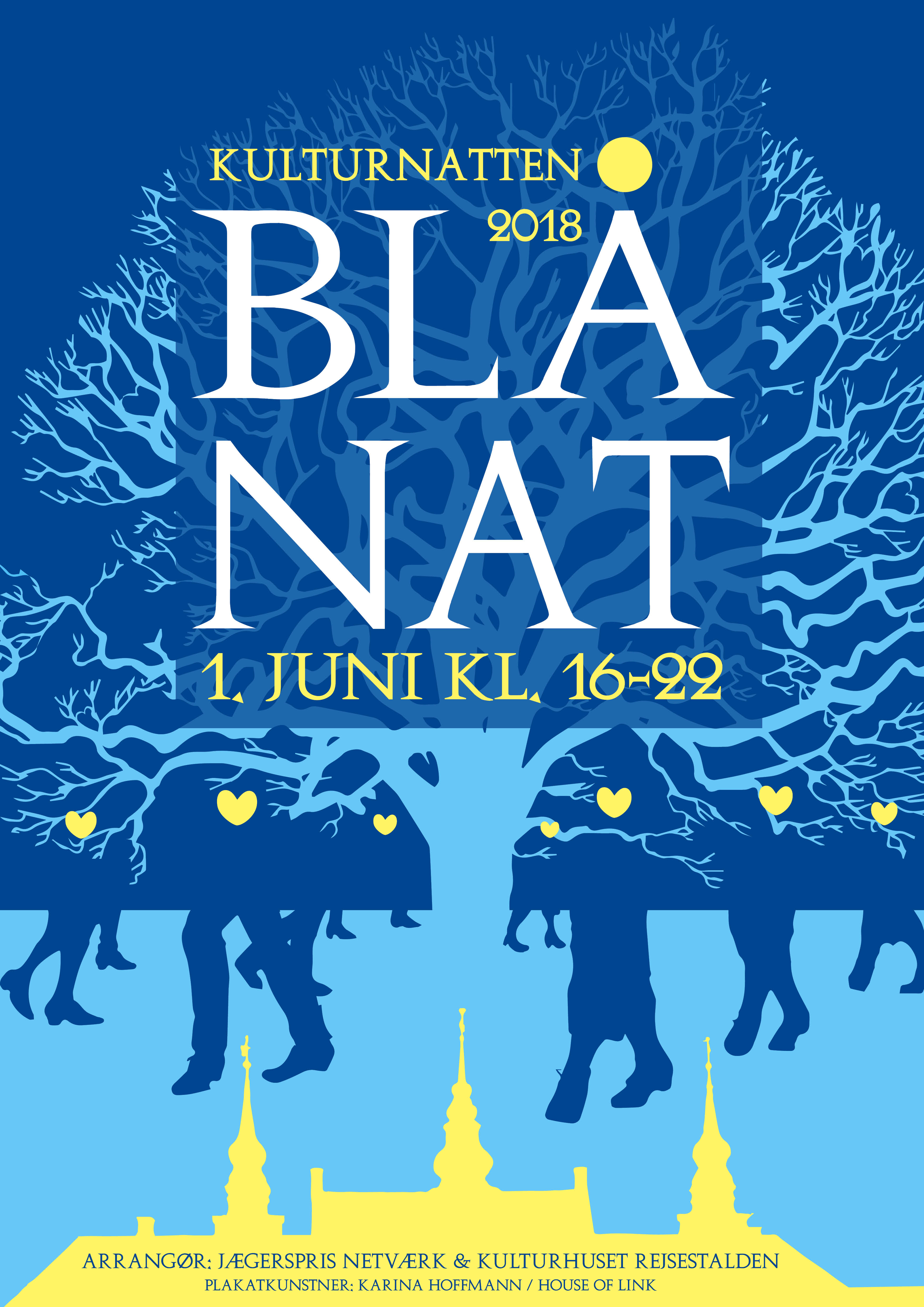 lå Nat plakat 2018 der viser blå mennesker som holder gule hjerter omkring et stort træ, grafik af Karina Hoffmann Blå Nat plakat 2018 der viser blå mennesker som holder gule hjerter omkring et stort træ, grafik af Karina Hoffmann