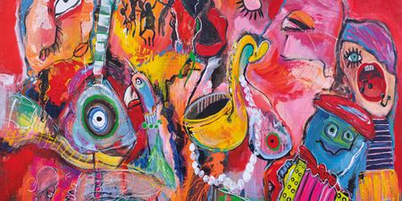 Koloristisk maleri af en masse glade figurer med titlen Midsommersangen, Michael Bundesen.jpg