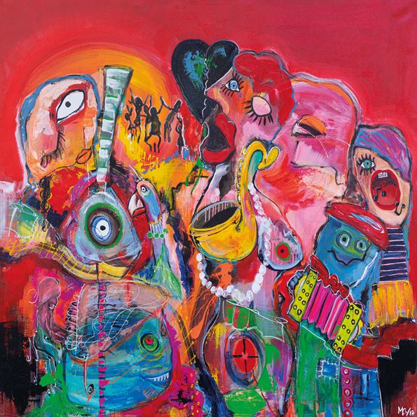 Koloristisk maleri af en masse glade figurer med titlen Midsommersangen, Michael Bundesen